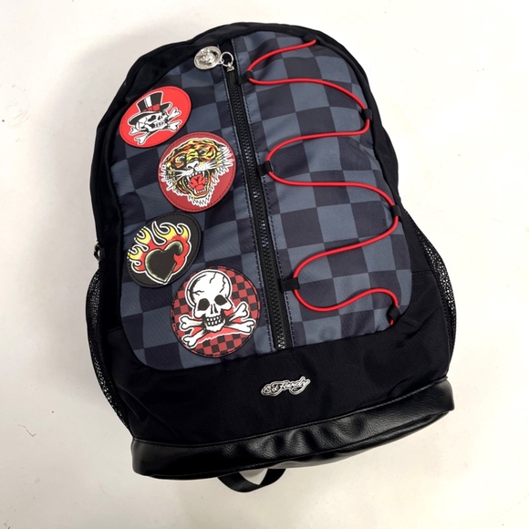 Ed Hardy Tattoo Patch Backpack Skull Tiger Flame Print Black Gray Checkered NWT - Picture 3 of 11